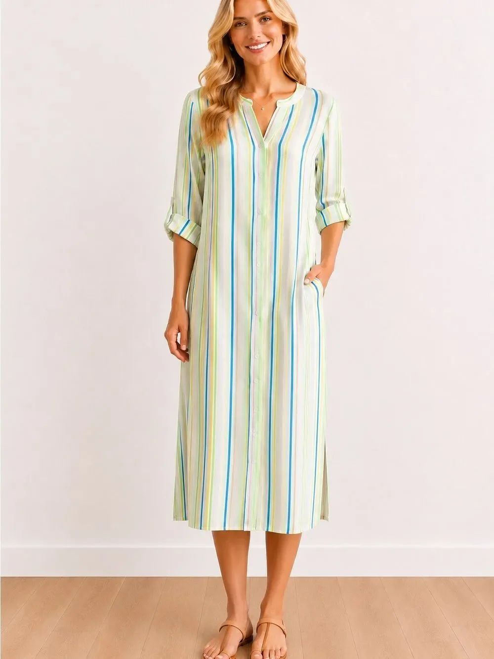 Vilagallo Vibrant Striped Button-Down Midi Dress NWOT